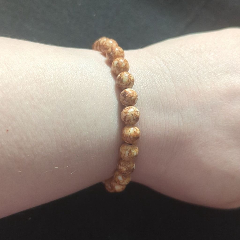 Brown Cream Picture Jasper Gemstone Beaded Stretchy Elastic Statement Bracelet